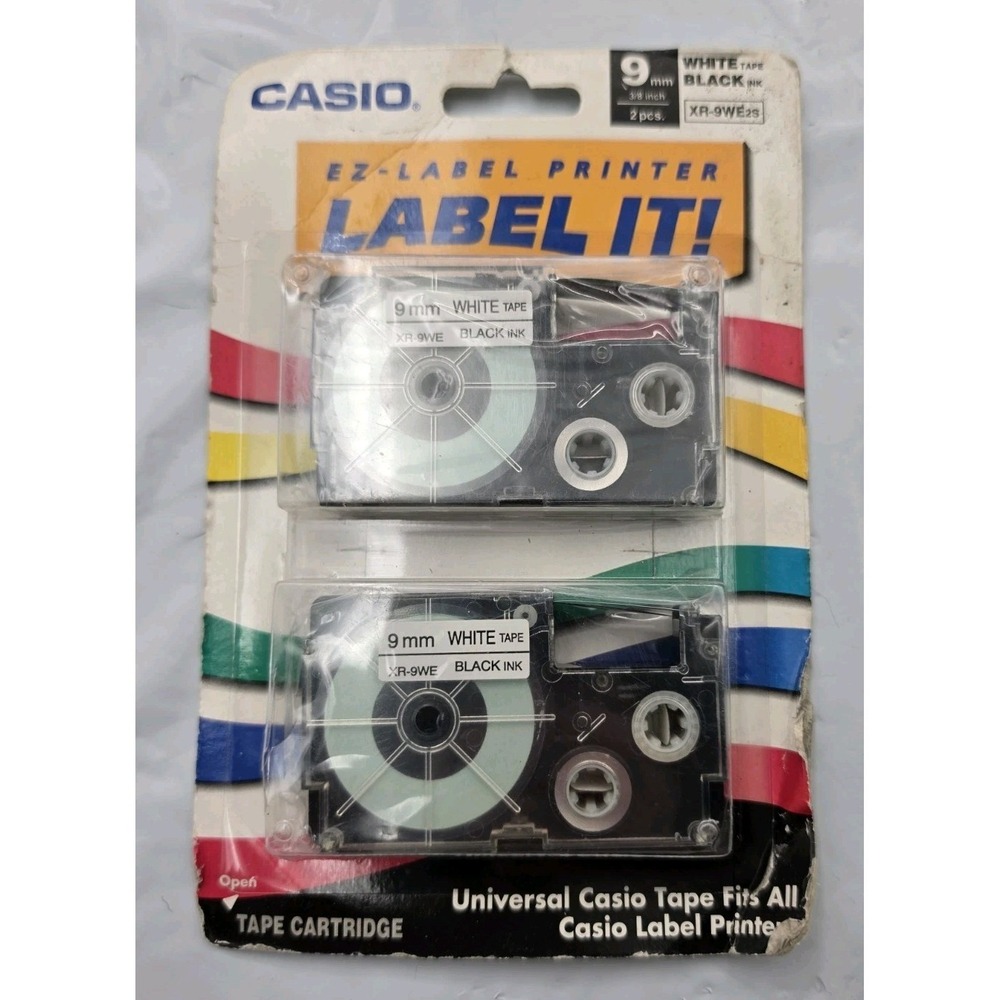 Casio Label Printer Tape 9mm White Black 2pk New XR-9WE2s EZ-Label Universal